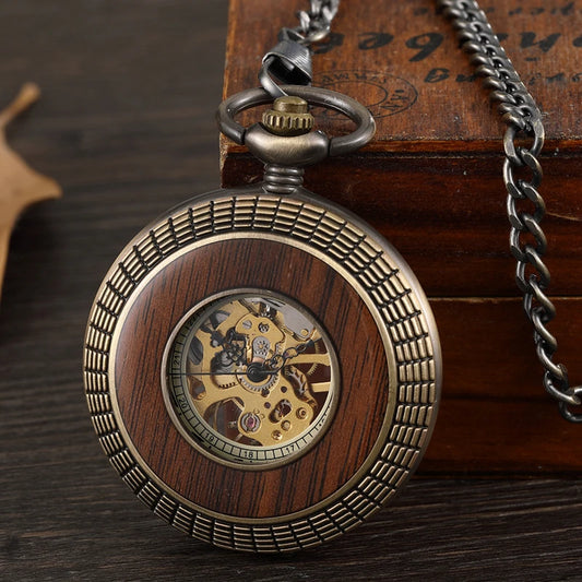 Antique Steampunk Vintage Roman Numerals Necklace Pendant Clock Chain Men's Women Wood Mechanical Skeleton Pocket Watch