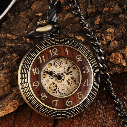 Antique Steampunk Vintage Roman Numerals Necklace Pendant Clock Chain Men's Women Wood Mechanical Skeleton Pocket Watch