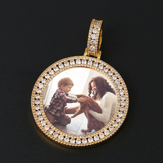 Hip Hop Jewelry 40mm Gold Plated Brass 3 Rows AAAAA CZ Diamond Iced Out Custom Picture Pendant Photo Necklace